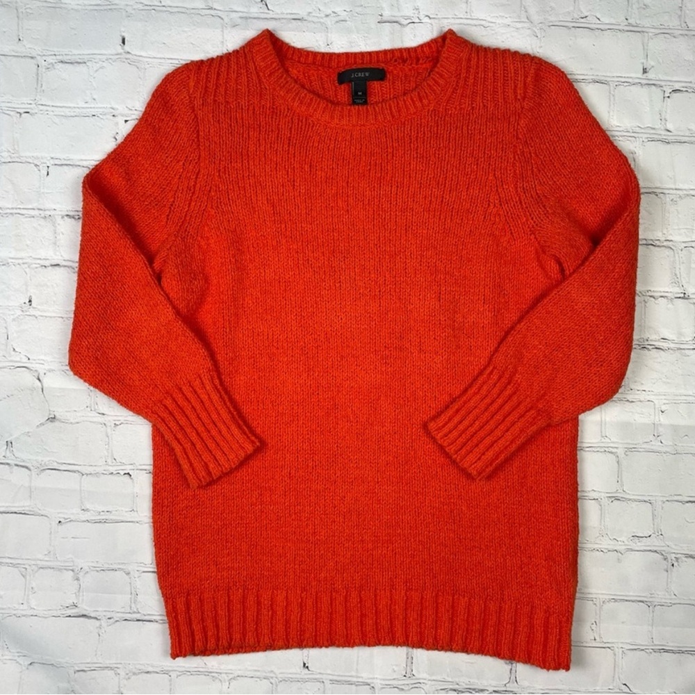 J. Crew Orange 3/4 Sleeve Cotton and Linen Blend Crew Neck Sweater